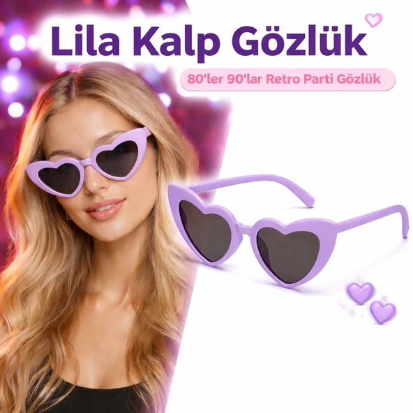 Mor Lila Retro Kalp Gözlük – 80’ler 90’lar Stil Parti Gözlüğü ürün görseli 1