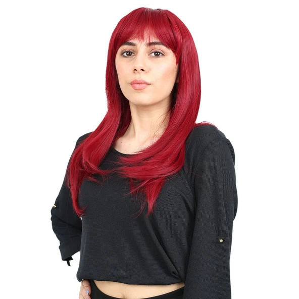 Düz Perçemli Orta Boy Fiber Sentetik Peruk / Kızıl ürün görseli 1