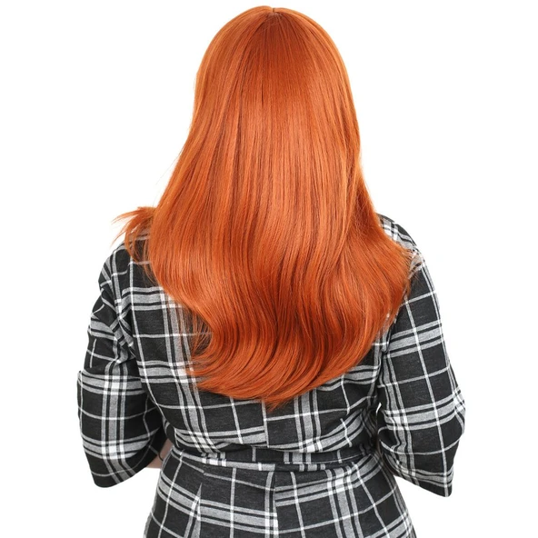 Düz Perçemli Orta Boy Fiber Sentetik Peruk / Bakır - Resim 4