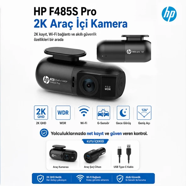 Hp F485s Pro 2K Araç İçi Wi-fi Kamera (Türkiye Garantili) ürün görseli 1