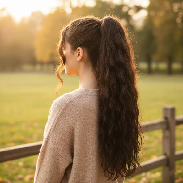 Bağlamalı Kabarık Dalgalı At Kuyruğu / Koyu Kahve ürün görseli 1