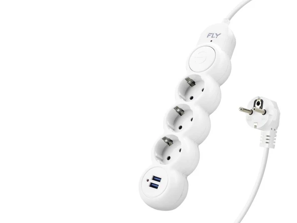 Termal Akım Korumalı Uzatma Kablosu 3 Priz + 2X Usb 2.1A Anahtarlı 2 M - Beyaz 3393-01 ürün görseli 1