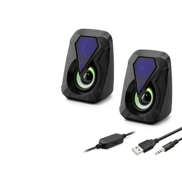 Masaüstü Hoparlör 1+1 USB + 3.5mm LED - Siyah HD6054 ürün görseli 1