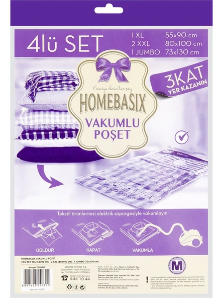 Homebasix Vakumlu Poşet (Hurç) 4'lü Set 1 XL 2 XXL 1 XXXL ürün görseli 1