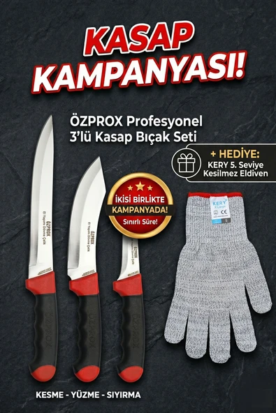 ÖZPROX 3'lü Dövme Kasap ve Kurban Bıçak Seti & 5. Seviye Kesilmez Eldiven Kampanyası ürün görseli 1