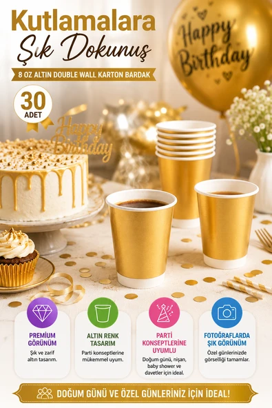 30'lu Altın Double Wall Karton Bardak 8 Oz 230 ml Parti Doğum Günü Davet Kahve Bardağı Seti ürün görseli 1