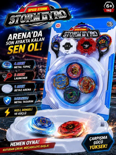 StormGyro Speed Storm 4’lü Beyblade Arena Seti 4 Metal Topaç 2 Fırlatıcı Ve Arena ürün görseli 1