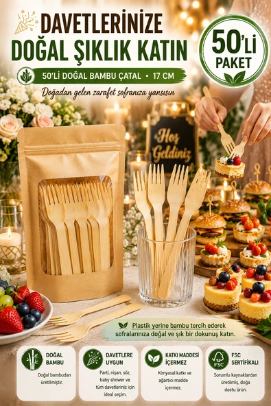 50'li Doğal Bambu Çatal 17 cm Kullan At Parti Davet Piknik Baby Shower İkramlık Sunum Seti ürün görseli 1