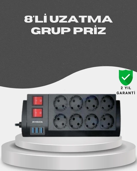 Akım Korumalı 8’li Priz 3 USB’li Uzatma Kablosu Isıya Dayanıklı 2 Metre ürün görseli 1