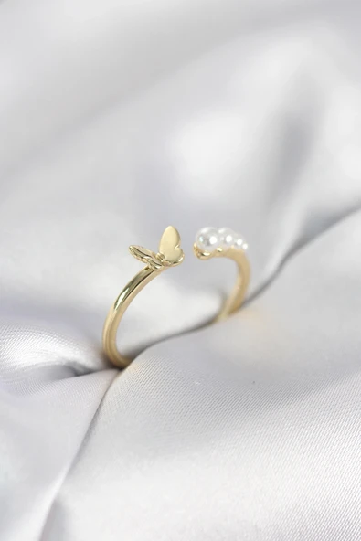 İncili Kelebek Model Gold Renk Pirinç Kadın Yüzük ürün görseli 1