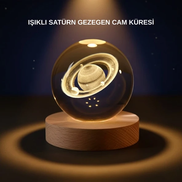 Satürn Desenli Kristal Küre LED Gece Lambası Ahşap Standlı ürün görseli 1