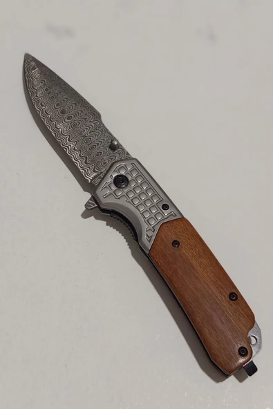 DepoTrend Ahşap Kabzalı Yarı Otomatik Damascus Desenli Çakı YA-DA340 ürün görseli 1