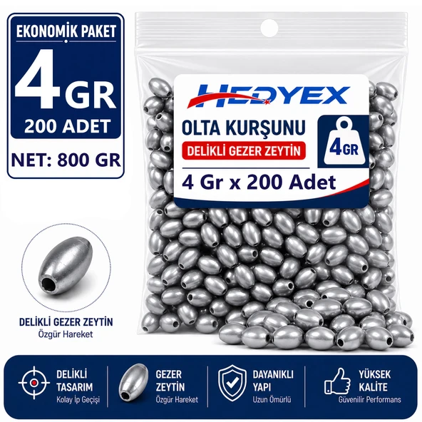 Hedyex 4 Gr 200 Adet (800 Gr) Olta Kurşunu Delikli Gezer Zeytin ürün görseli 1