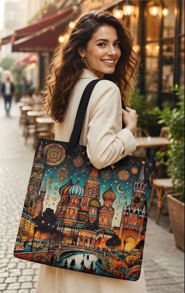 Desenli Omuz Çantası | Oxford Kumaş, Fermuarlı İç Cep, Çift Taraflı Baskı, Günlük Kullanım Tote Bag ürün görseli 1