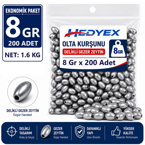 Hedyex 8 Gr 200 Adet (1.6 Kg) Olta Kurşunu Delikli Gezer Zeytin ürün görseli 1