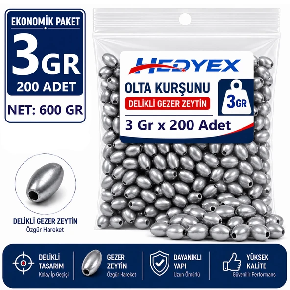 Hedyex 3 Gr 200 Adet (600 Gr) Olta Kurşunu Delikli Gezer Zeytin ürün görseli 1