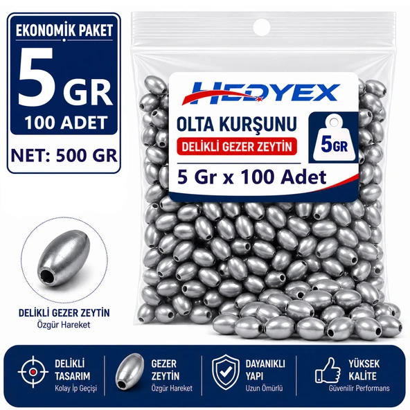 Hedyex 5 Gr 100 Adet (500 Gr) Olta Kurşunu Delikli Gezer Zeytin ürün görseli 1