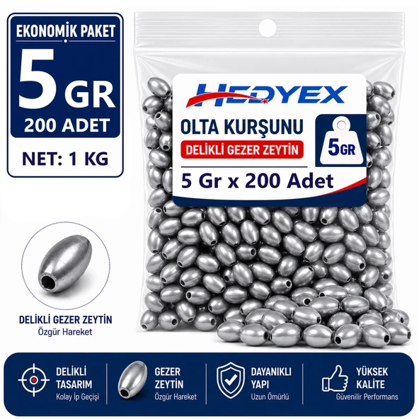 Hedyex 5 Gr 200 Adet (1 Kg) Olta Kurşunu Delikli Gezer Zeytin ürün görseli 1