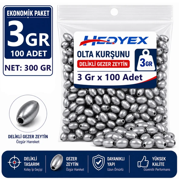 Hedyex 3 Gr 100 Adet (300 Gr) Olta Kurşunu Delikli Gezer Zeytin ürün görseli 1