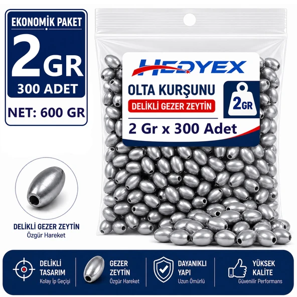 Hedyex 2 Gr 300 Adet (600 Gr) Olta Kurşunu Delikli Gezer Zeytin ürün görseli 1