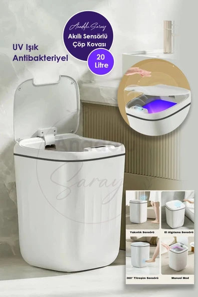 20L UV Işık Antibakteriyel Akıllı Koku Geçirmez Teknolojik Sensörlü Çöp Kovası Ofis Banyo Mutfak ürün görseli 1