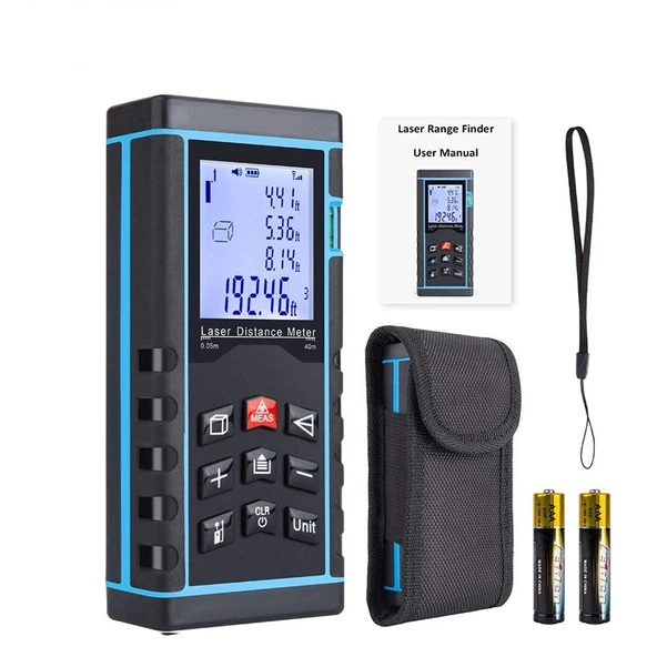 Profesyonel 40 Metre Dijital Lazer Metre Ölçer LCD Ekran, Su Terazili, Alan Hacim, Pisagor Hesaplama ve 20 Kayıt Hafızası ürün görseli 1