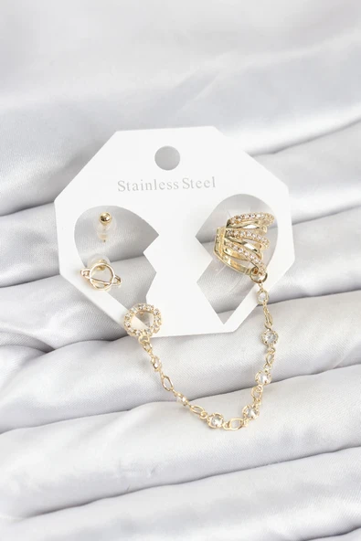 Uzay Model Pirinç Gold Renk Zincir Bağlantılı Ear Cuff Küpe Seti ürün görseli 1
