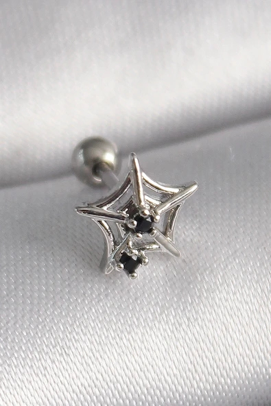 316L Çelik Gümüş Renk Siyah Zirkon Taş Detay Örümcek Ağ Model Tragus Piercing ürün görseli 1