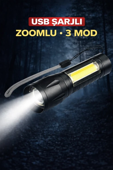 USB Şarjlı Zoomlu Mini El Feneri Q5 Güçlü Işık Yan COB LED SOS Mod Kutulu Taşınabilir ürün görseli 1