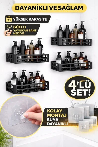 Duş İçi Yapışkanlı Banyo Rafı 4’lü Set | Delme Yok | Güçlü Yapışkan Bantlı Organizer ürün görseli 1