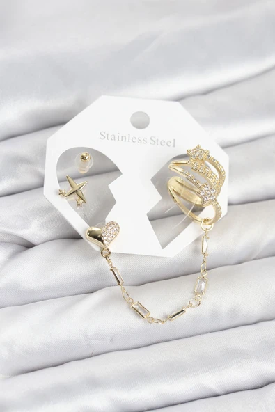 Kalp Yıldız Model Pirinç Gold Renk Zincir Bağlantılı Ear Cuff Küpe Seti ürün görseli 1
