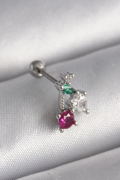 316L Çelik Gümüş Renk Zirkon Taşlı Tragus Piercing ürün görseli 1