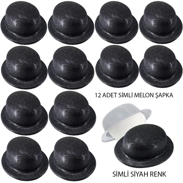 Siyah Renk Simli Melon Yuvarlak Parti Şapkası 12 Adet ürün görseli 1