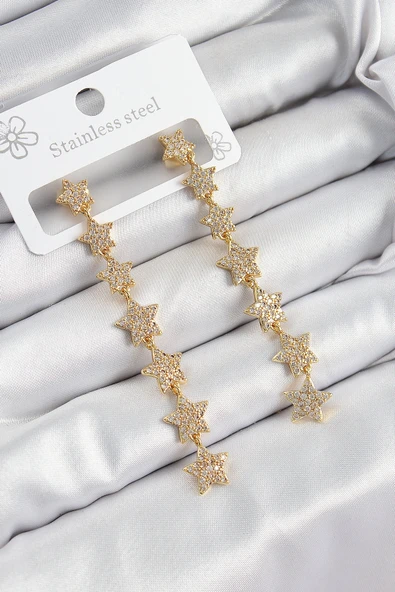 Pirinç Zirkon Taşlı Sallantılı Yıldız Model Gold Renk Kadın Küpe ürün görseli 1