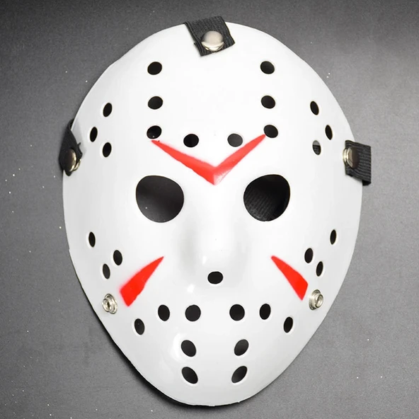 Beyaz Renk Kırmızı Çizgili Tam Yüz Hokey Jason Maskesi Hannibal Maskesi ürün görseli 1