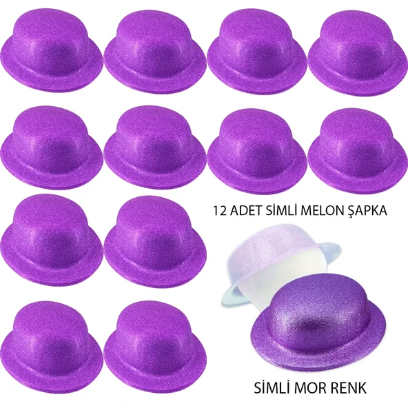 Mor Renk Simli Melon Yuvarlak Parti Şapkası 12 Adet ürün görseli 1