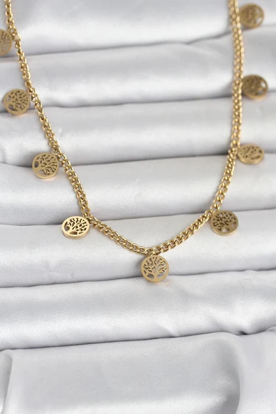 316L Çelik Gold Renk Yaşam Ağacı Model Kadın Kolye ürün görseli 1