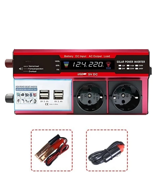 12V 2000W Modifiye Sinus İnverter Araç ve Güneş Enerjisi Uyumlu, Çift USB, Çift Priz ve Çakmaklık ürün görseli 1