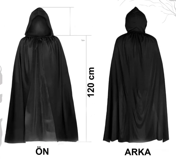 Siyah Uzun Pelerin 120 cm Kapüşonlu – Cosplay ve Parti Kostümü ürün görseli 1
