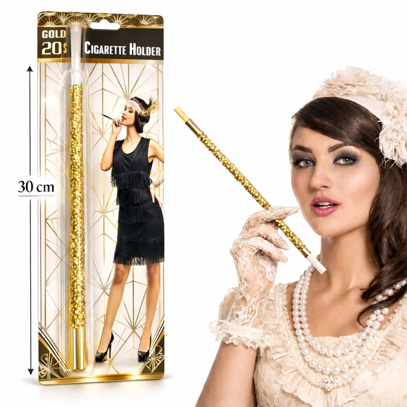 30 cm Altın Gold Payetli Sigara Tutacağı – 1920’ler Gatsby Parti Aksesuarı ürün görseli 1
