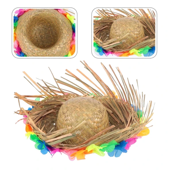 Naturel Renk Püsküllü Örme Hasır Hawaii Luau Aloha Şapka 13x36 cm ürün görseli 1