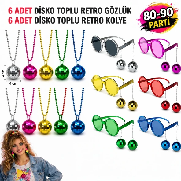 12 Parça 80-90 Retro Parti Seti Disco Toplu Gözlük ve Kolye ürün görseli 1