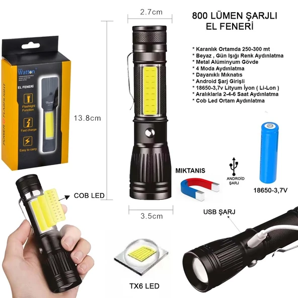 Uzun Menzilli El Feneri Mıknatıslı Wt-602 ürün görseli 1