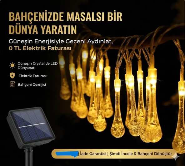 10 Led 2 Metre Sarı Kristal Su Damlası Güneş Enerjili Led Işık Solar Bahçe Ağaç Lamba Aydınlatması ürün görseli 1