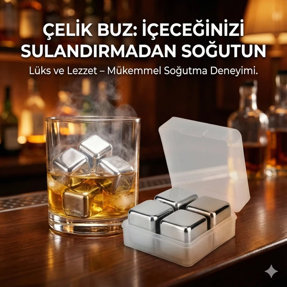 4'lü Çelik Metal Kaplama Viski Taşı Soğutma Buz Küpü ürün görseli 1