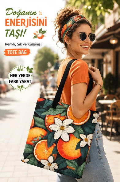 Portakal Çiçeği Desenli Oxford Kumaş Omuz Çantası | Fermuarlı, İç Cepli, Çift Taraflı Baskılı Tote Bag 40x35 cm ürün görseli 1