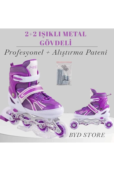 2 2 Işıklı Metal Gövdeli Profesyonel Ve Alıştırma Çocuk Pateni 38-41 ürün görseli 1
