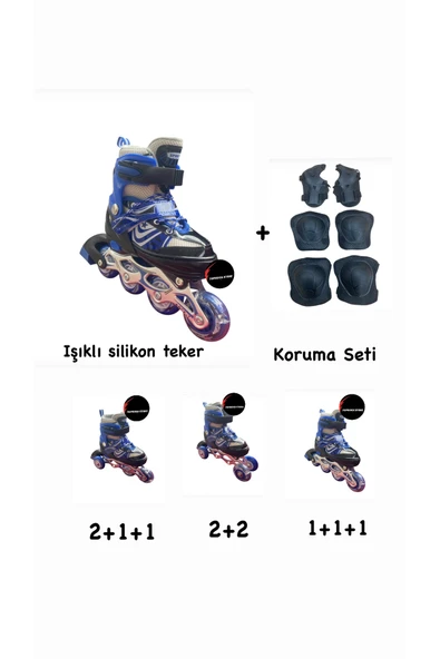 Işıklı Çocuk Pateni Ayarlanılabilir Alıştırma Silikon Tekerli Frenli Metal Gövdeli Paten Dizlik Set ürün görseli 1