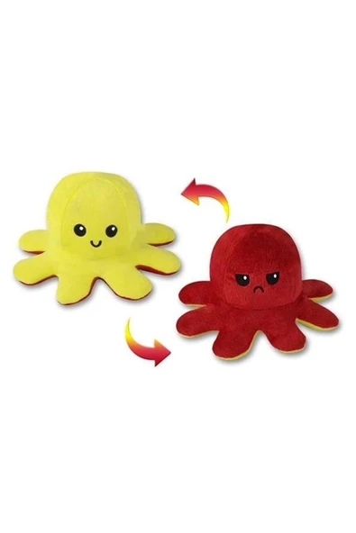 Çift Taraflı Üzgün-Mutlu Peluş Ahtapot (Kırmızı-Sarı) 30 cm ürün görseli 1