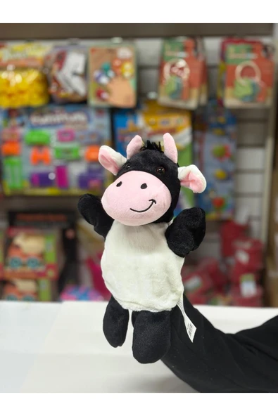 Peluş 25 cm El Kuklası Siyah Beyaz İnek Kukla ürün görseli 1